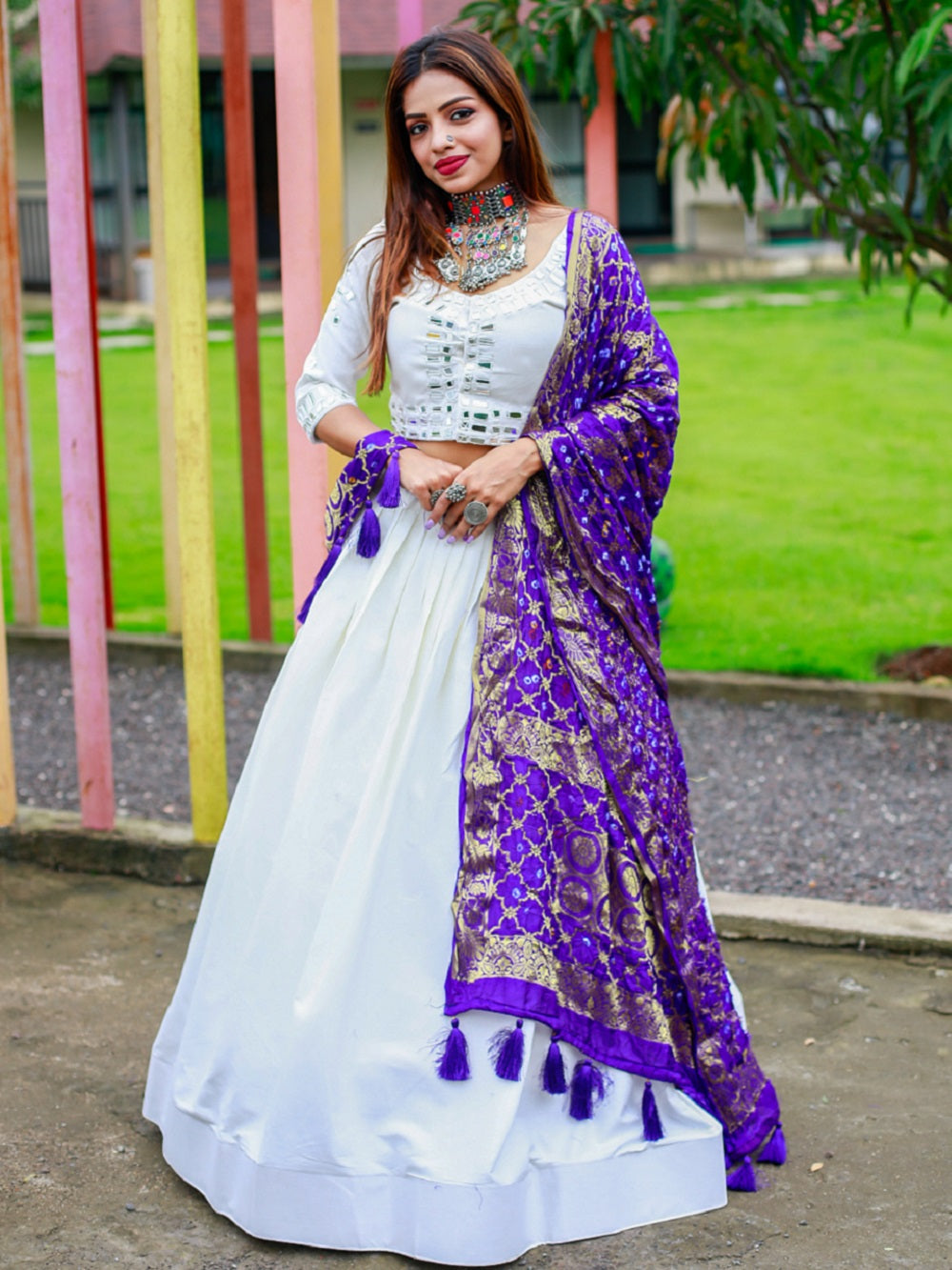 White Color Plain Cotton Lehenga Choli With Bandhej Dupatta