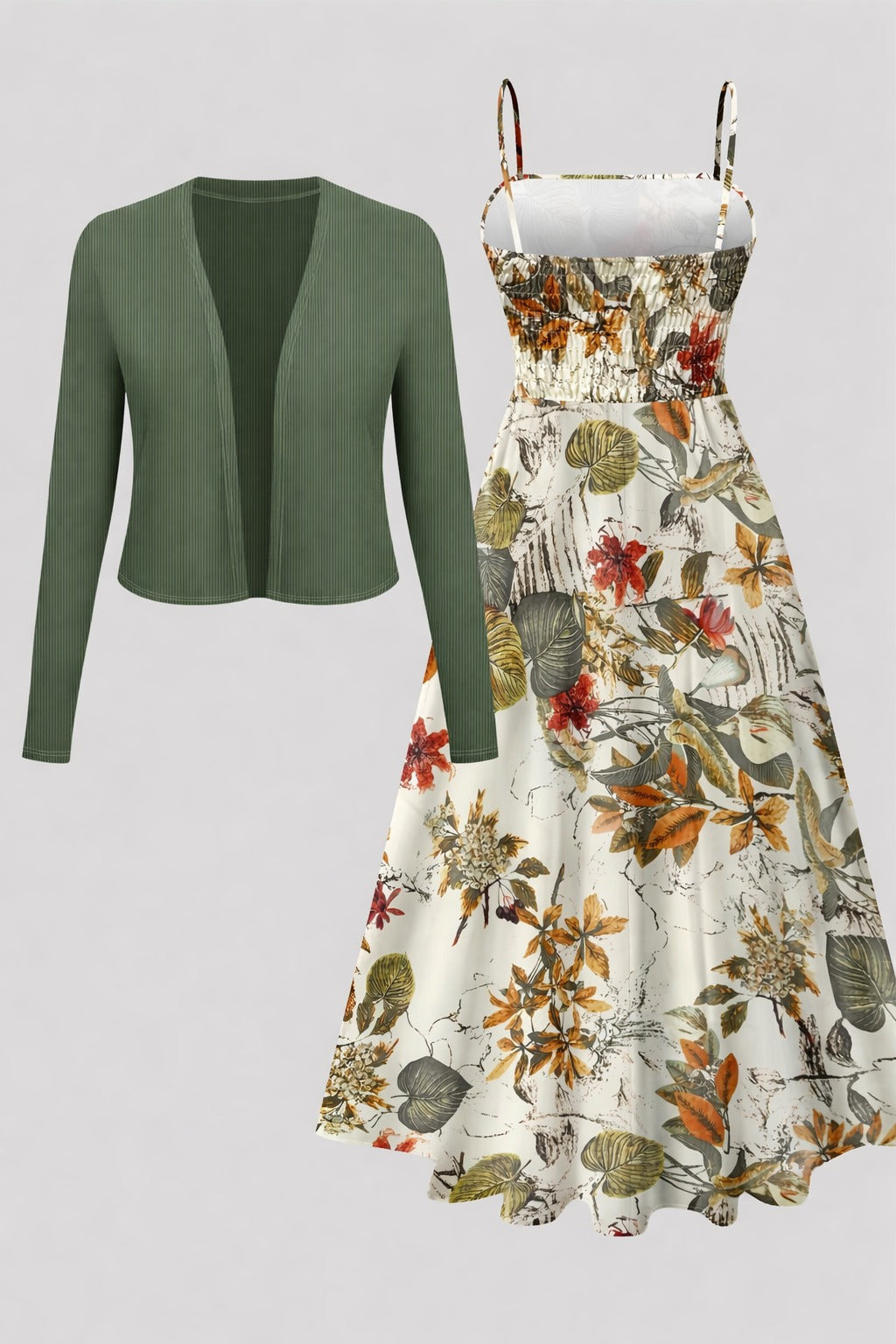 Elegant Floral Suspender Dress Set with Chic Long-Sleeve Blazer