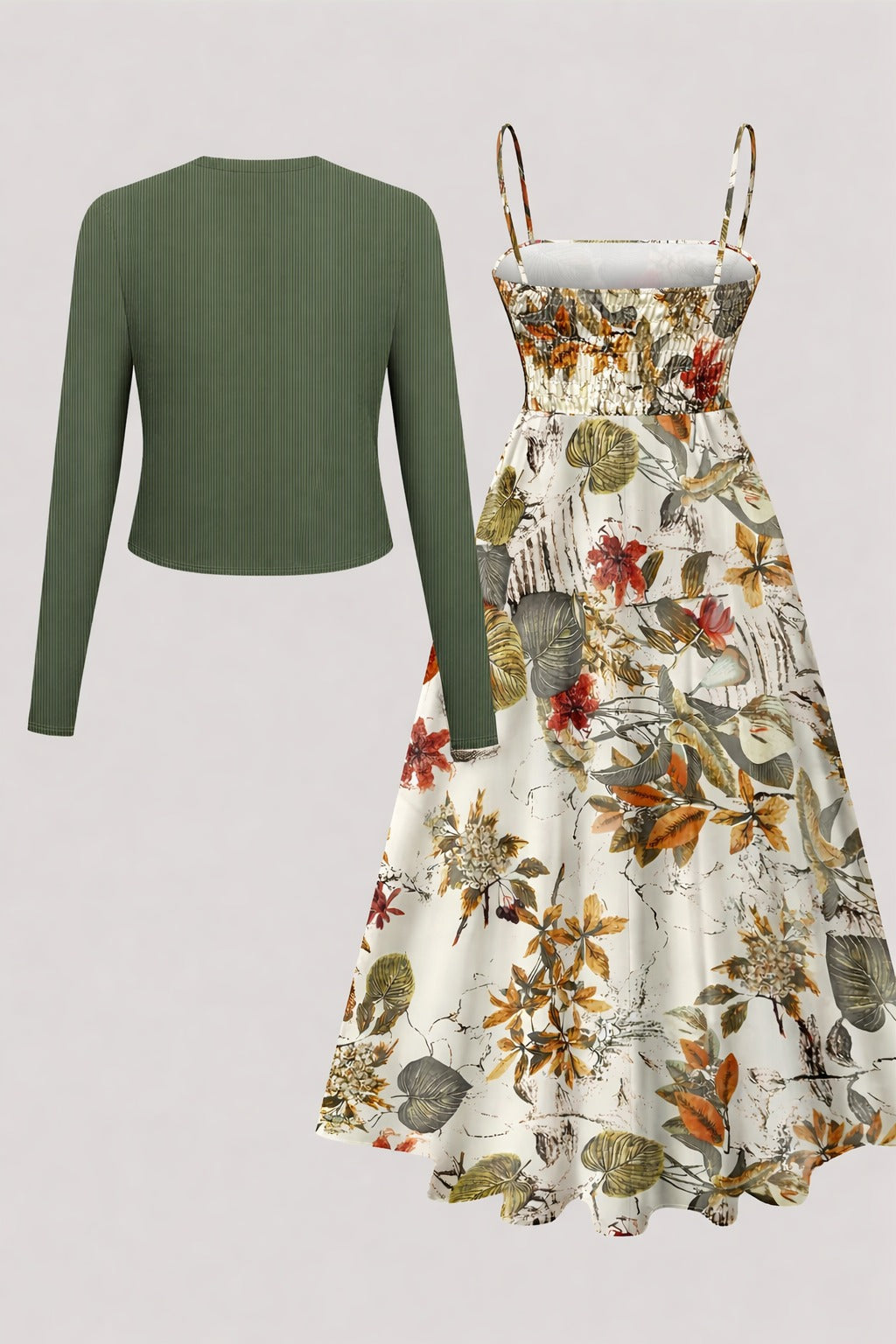 Elegant Floral Suspender Dress Set with Chic Long-Sleeve Blazer