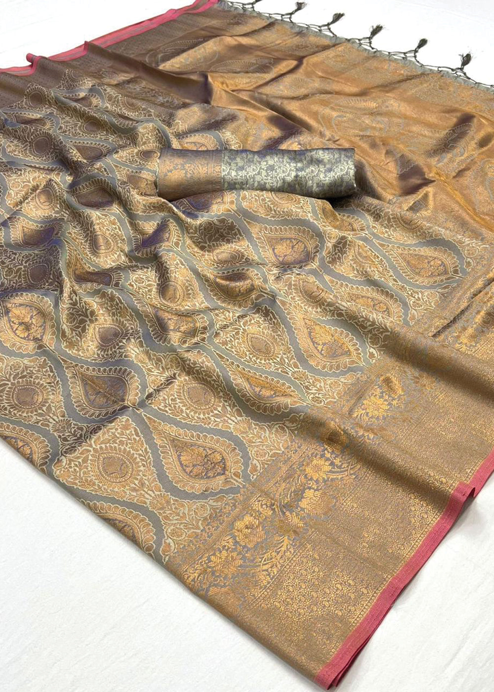 Copper Gray Regal Banarasi Silk Saree with Gold & Silver Zari Brocade Work