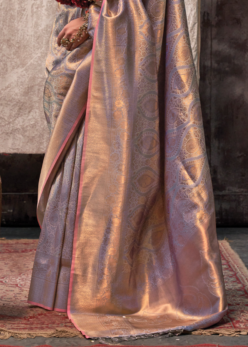 Copper Gray Regal Banarasi Silk Saree with Gold & Silver Zari Brocade Work