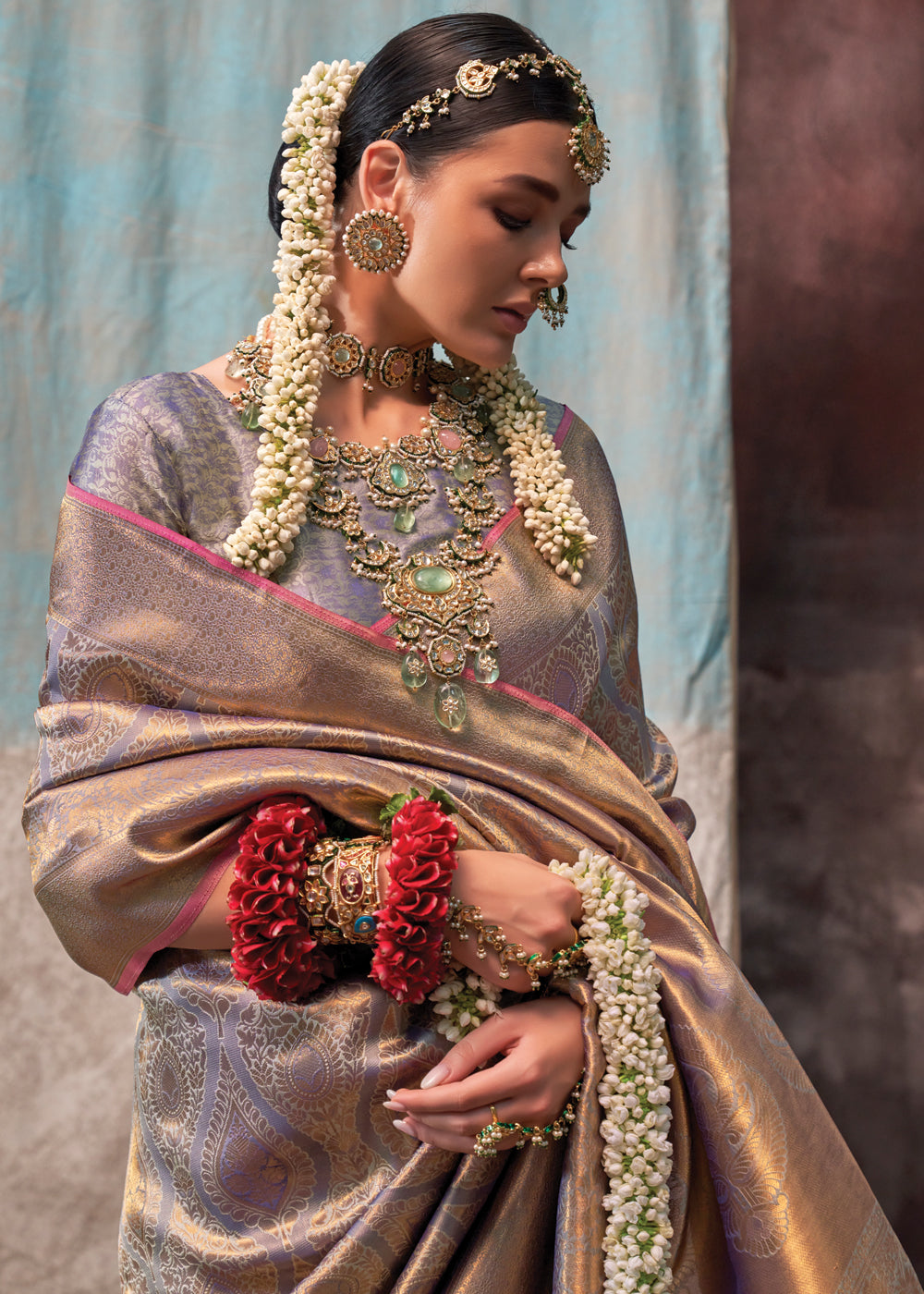Copper Gray Regal Banarasi Silk Saree with Gold & Silver Zari Brocade Work