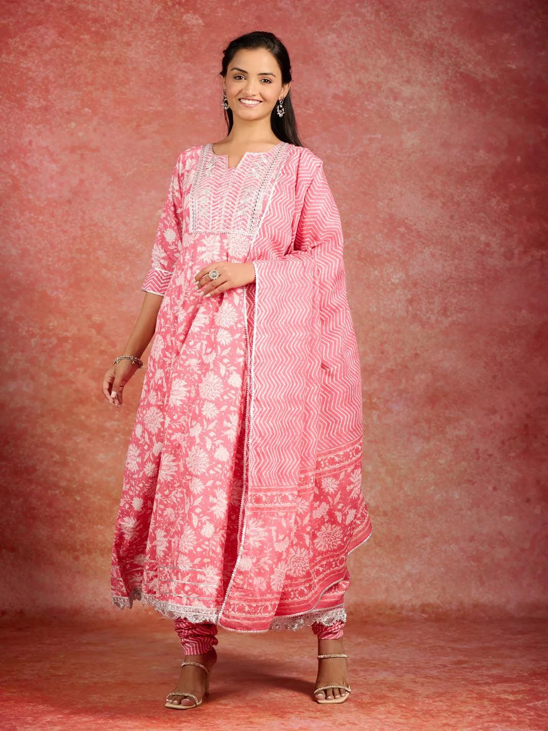 Anouk Coral Printed Cotton Anarkali Kurta With Churidar & Dupatta