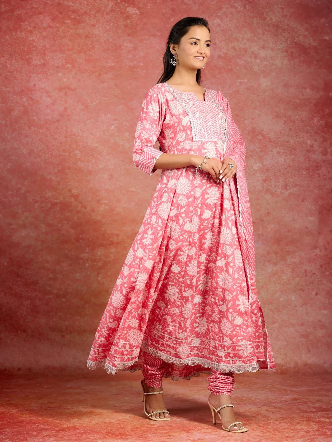 Anouk Coral Printed Cotton Anarkali Kurta With Churidar & Dupatta