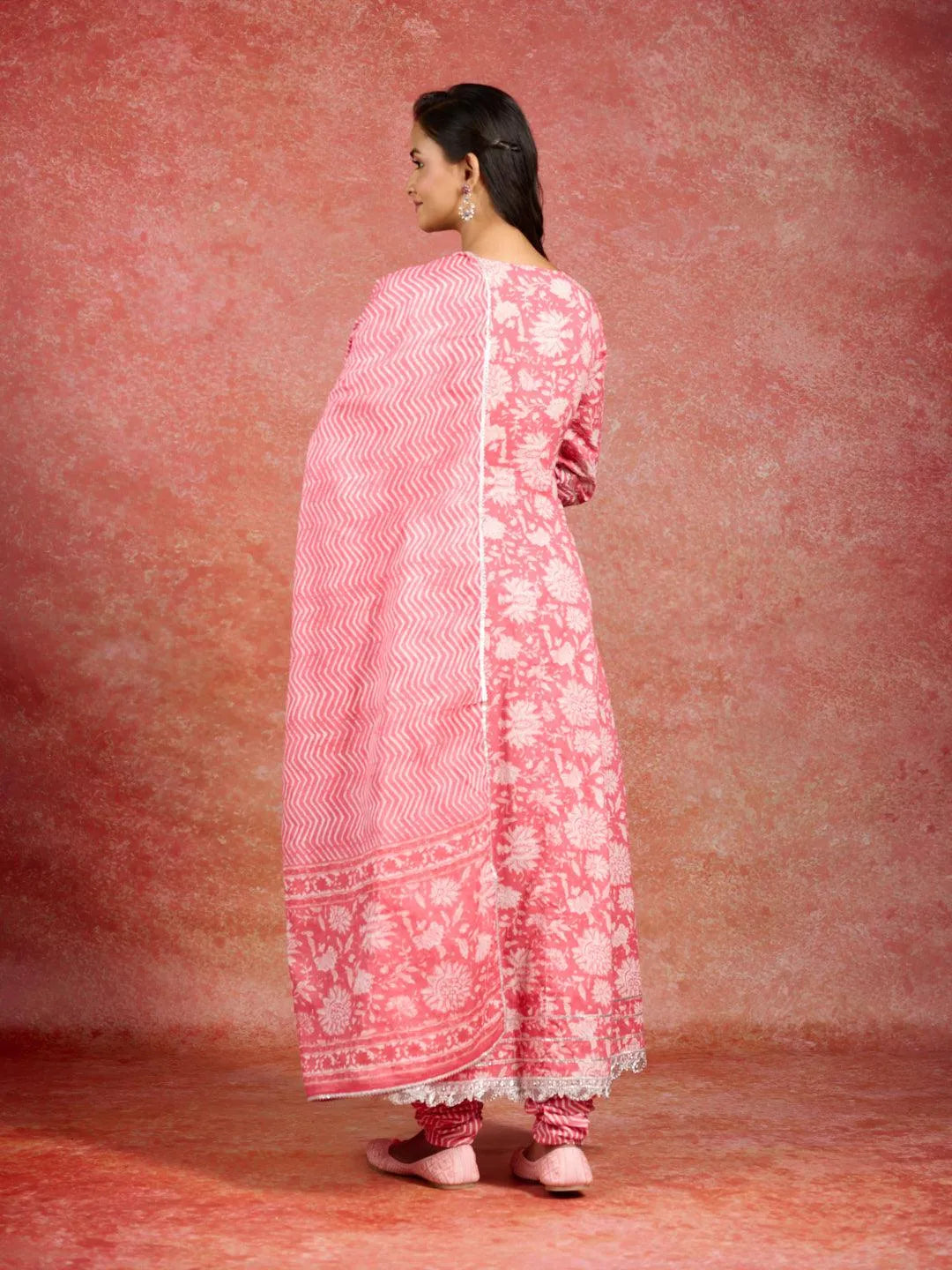 Anouk Coral Printed Cotton Anarkali Kurta With Churidar & Dupatta