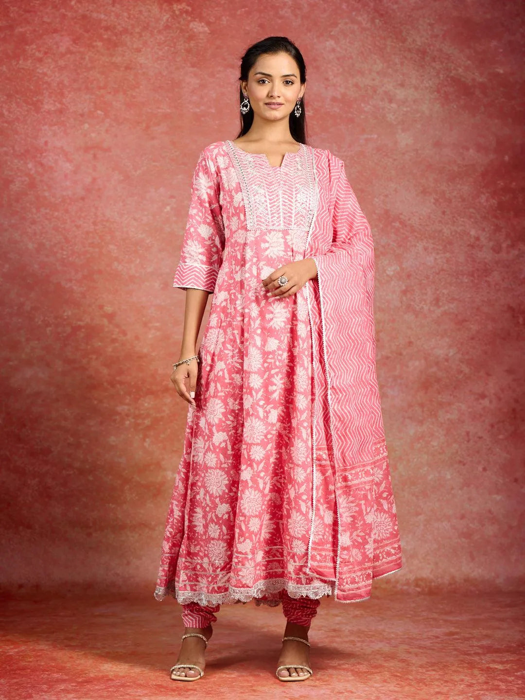 Anouk Coral Printed Cotton Anarkali Kurta With Churidar & Dupatta