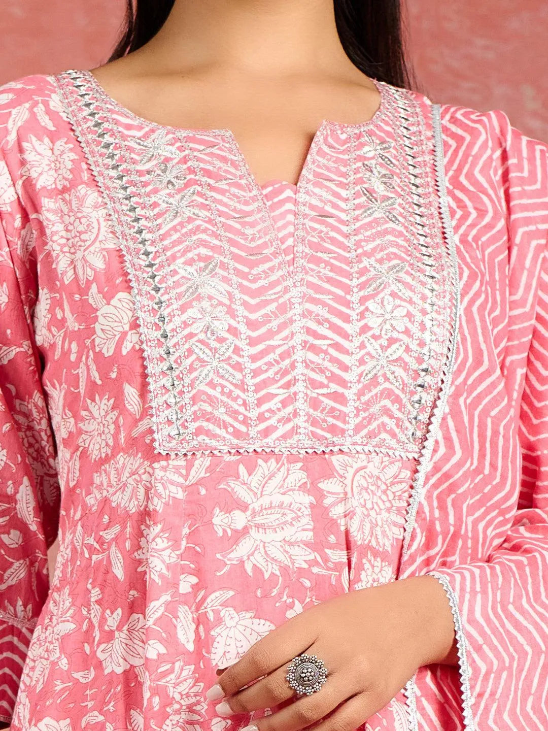 Anouk Coral Printed Cotton Anarkali Kurta With Churidar & Dupatta