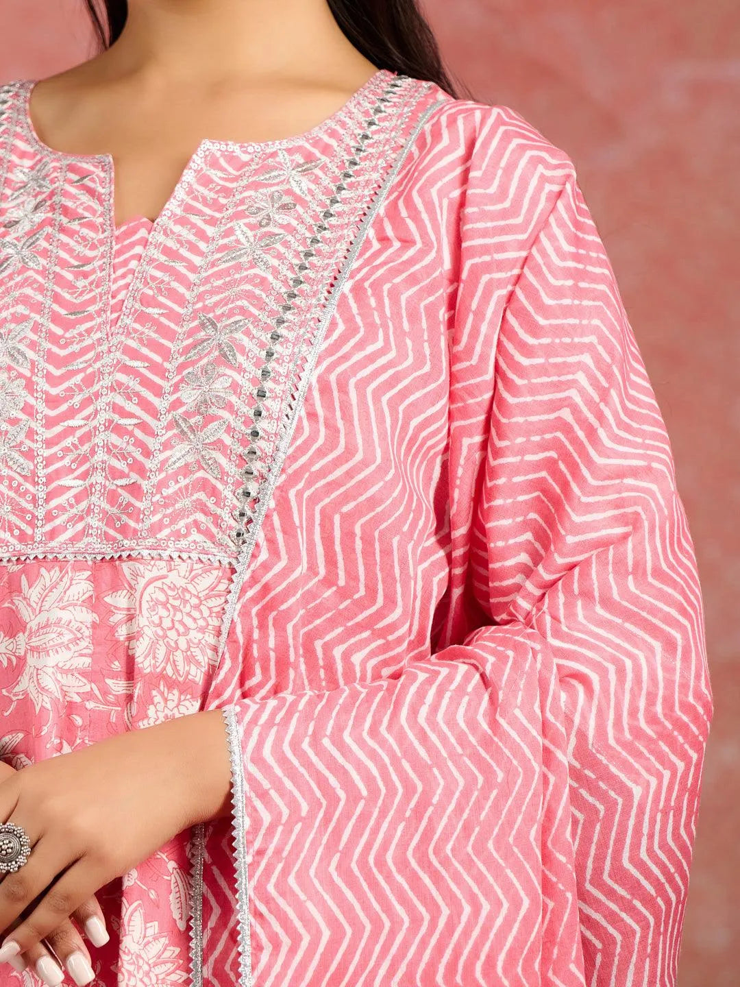 Anouk Coral Printed Cotton Anarkali Kurta With Churidar & Dupatta