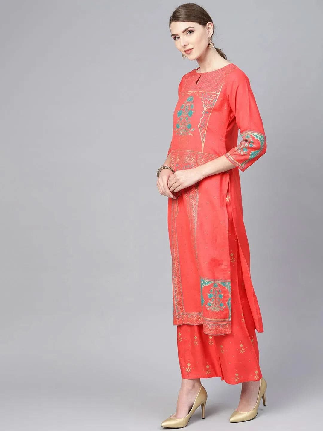 Anouk Coral Printed Cotton Straight Kurta With Palazzos & Dupatta