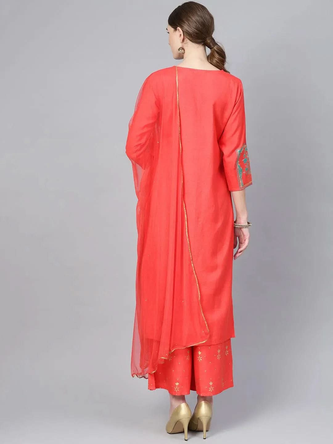 Anouk Coral Printed Cotton Straight Kurta With Palazzos & Dupatta