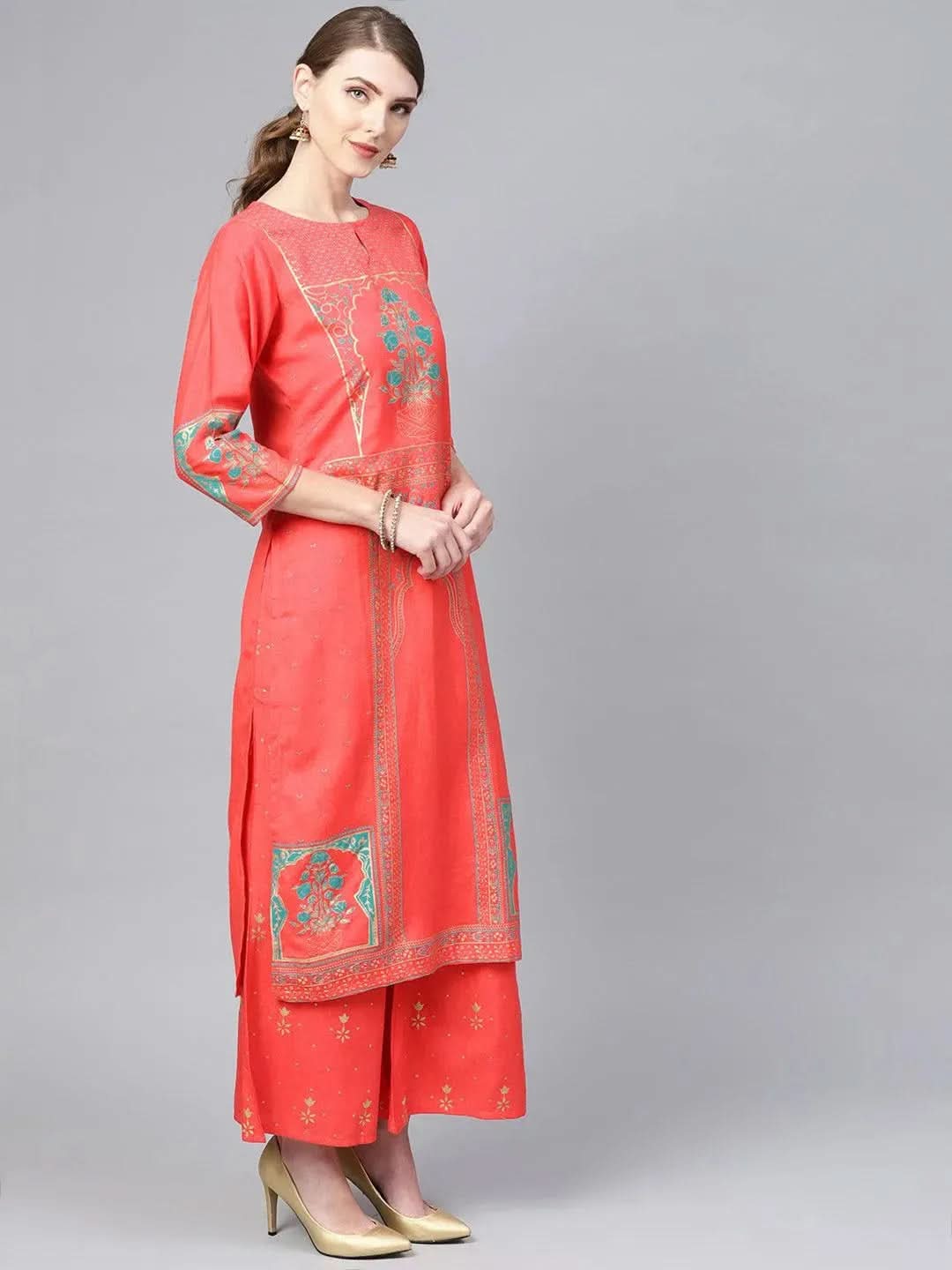 Anouk Coral Printed Cotton Straight Kurta With Palazzos & Dupatta