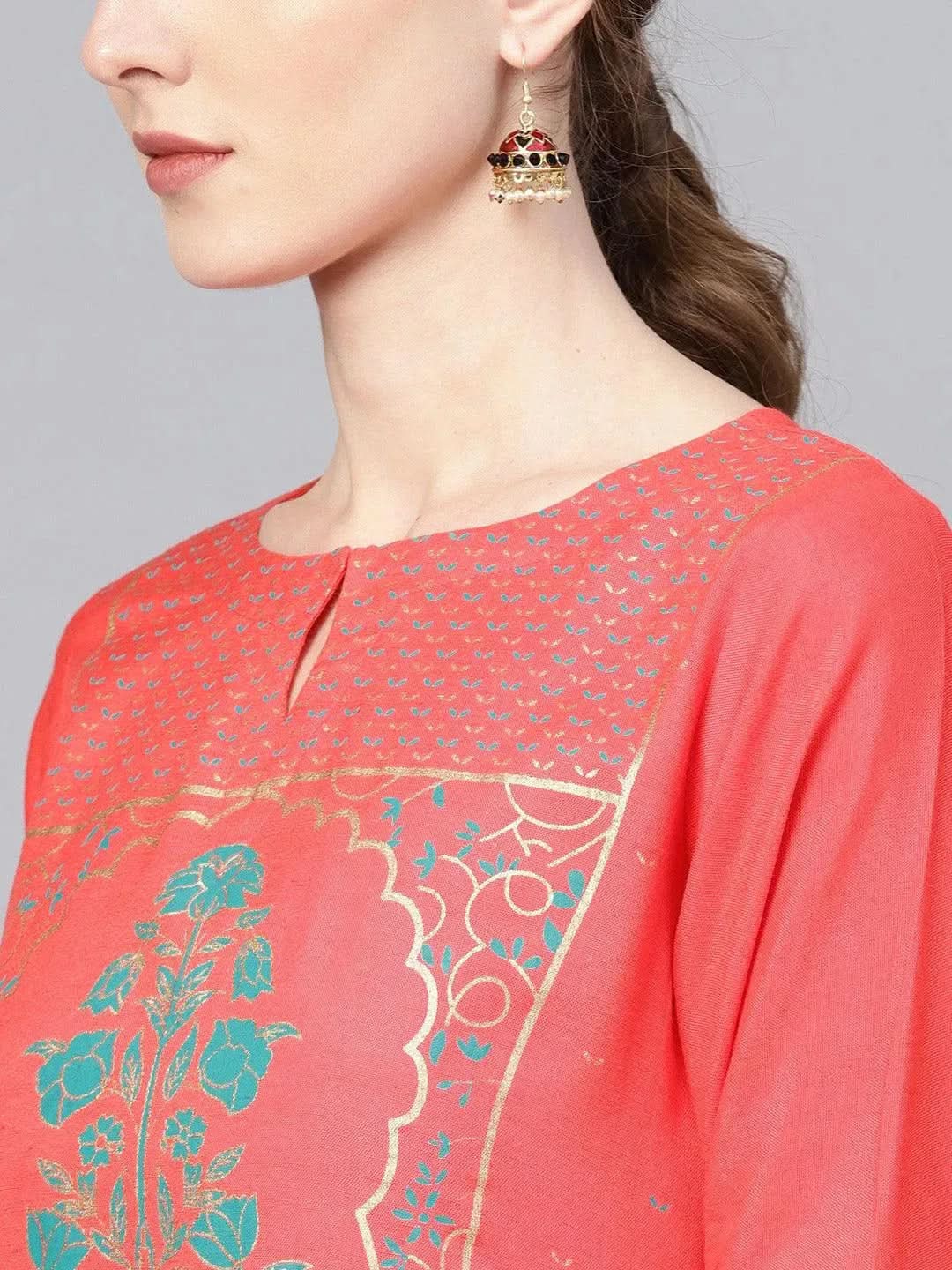 Anouk Coral Printed Cotton Straight Kurta With Palazzos & Dupatta