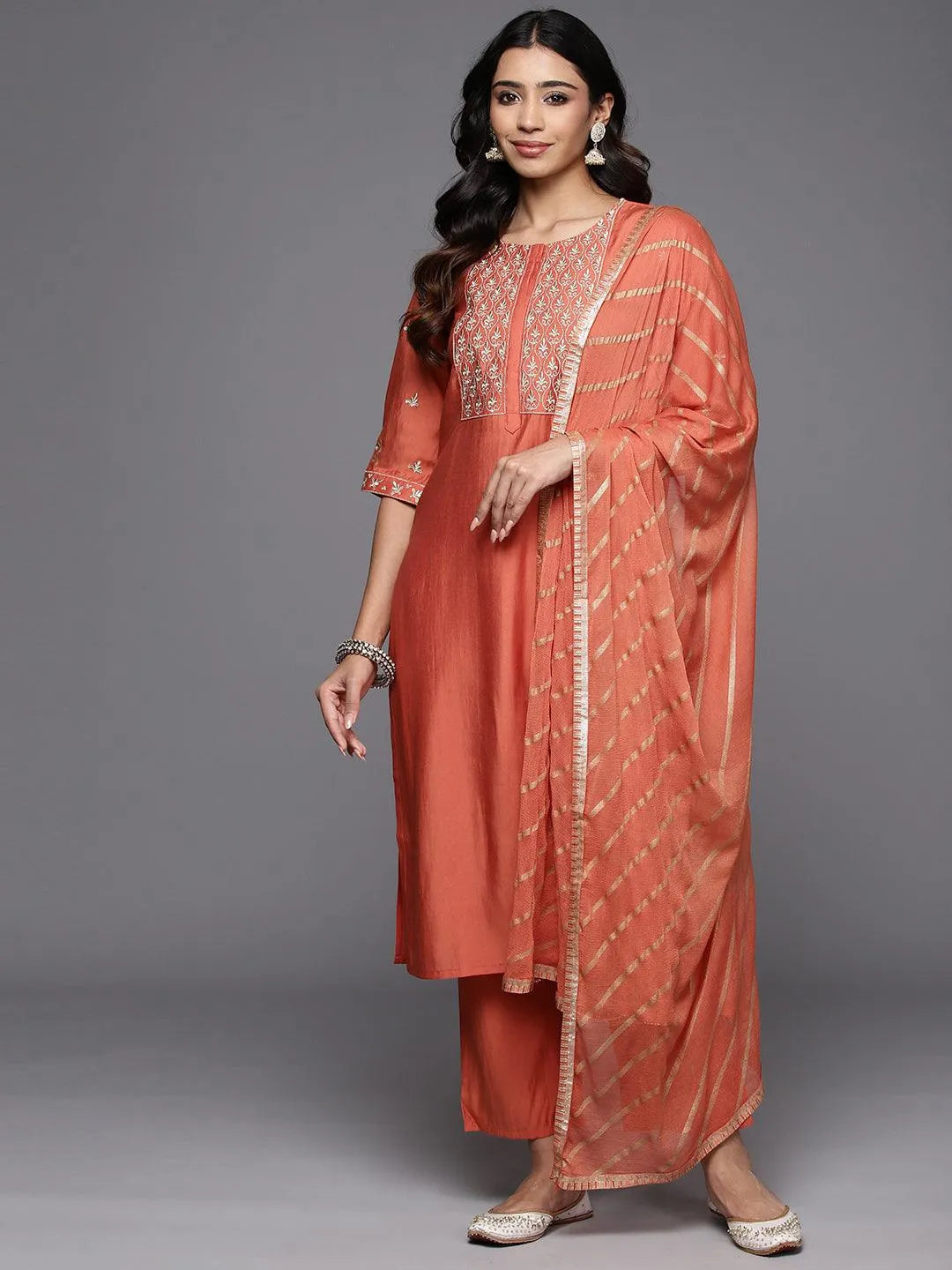 Anouk Coral Solid Silk Blend Straight Suit With Dupatta