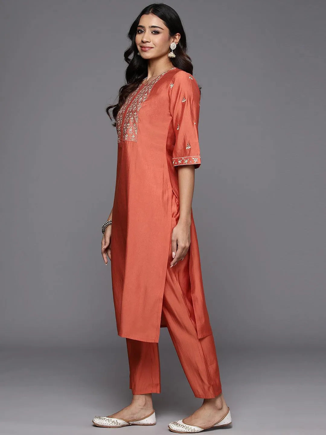 Anouk Coral Solid Silk Blend Straight Suit With Dupatta