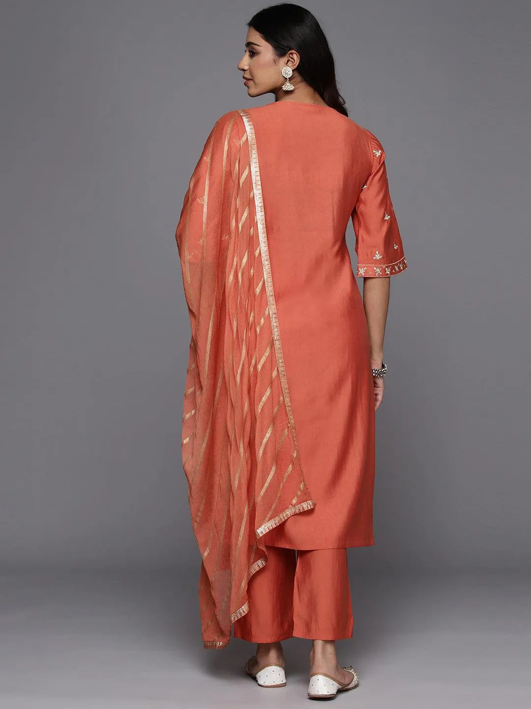 Anouk Coral Solid Silk Blend Straight Suit With Dupatta