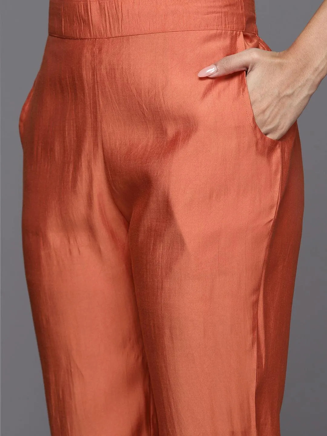 Anouk Coral Solid Silk Blend Straight Suit With Dupatta