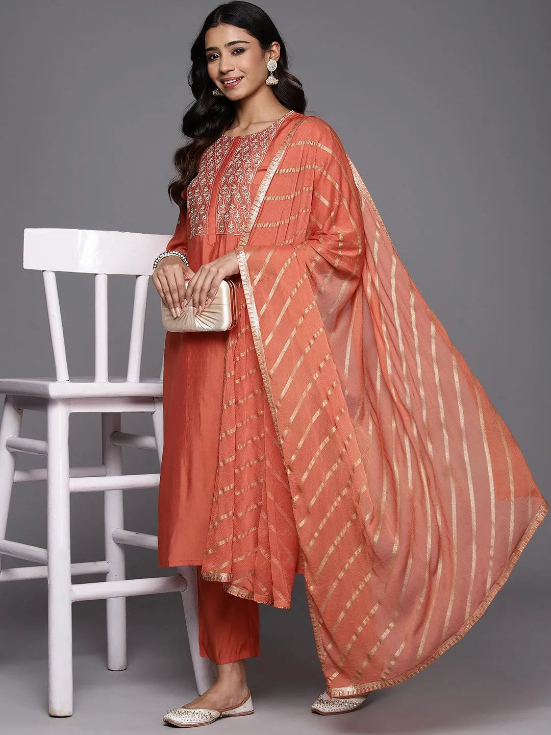 Anouk Coral Solid Silk Blend Straight Suit With Dupatta