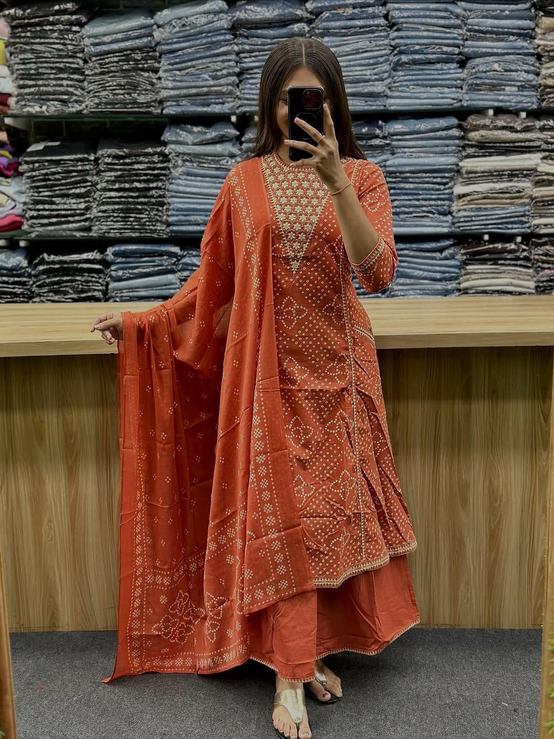 Cotton 3-Piece Set with Embroidery & Printed Dupatta for Women