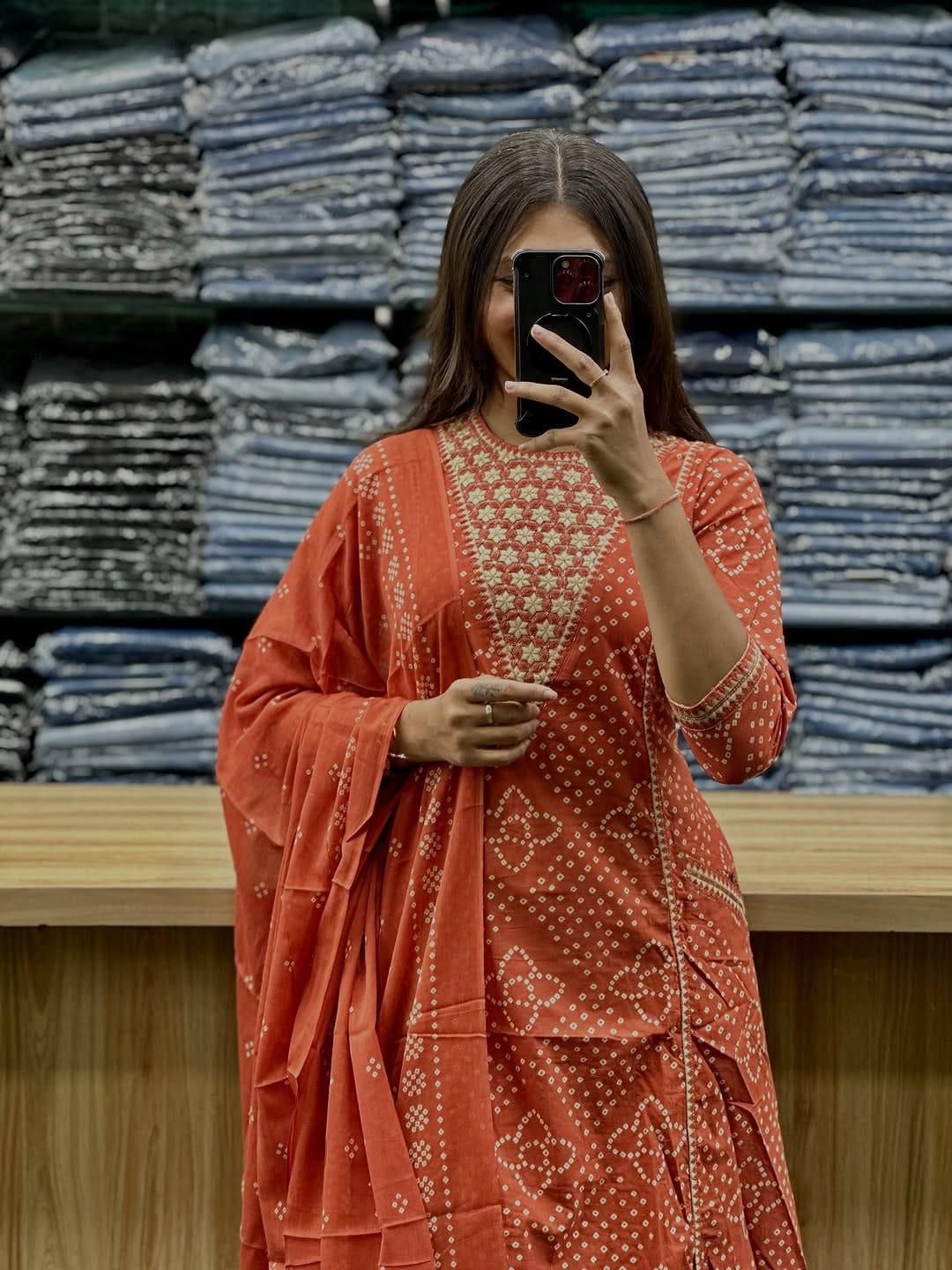 Cotton 3-Piece Set with Embroidery & Printed Dupatta for Women