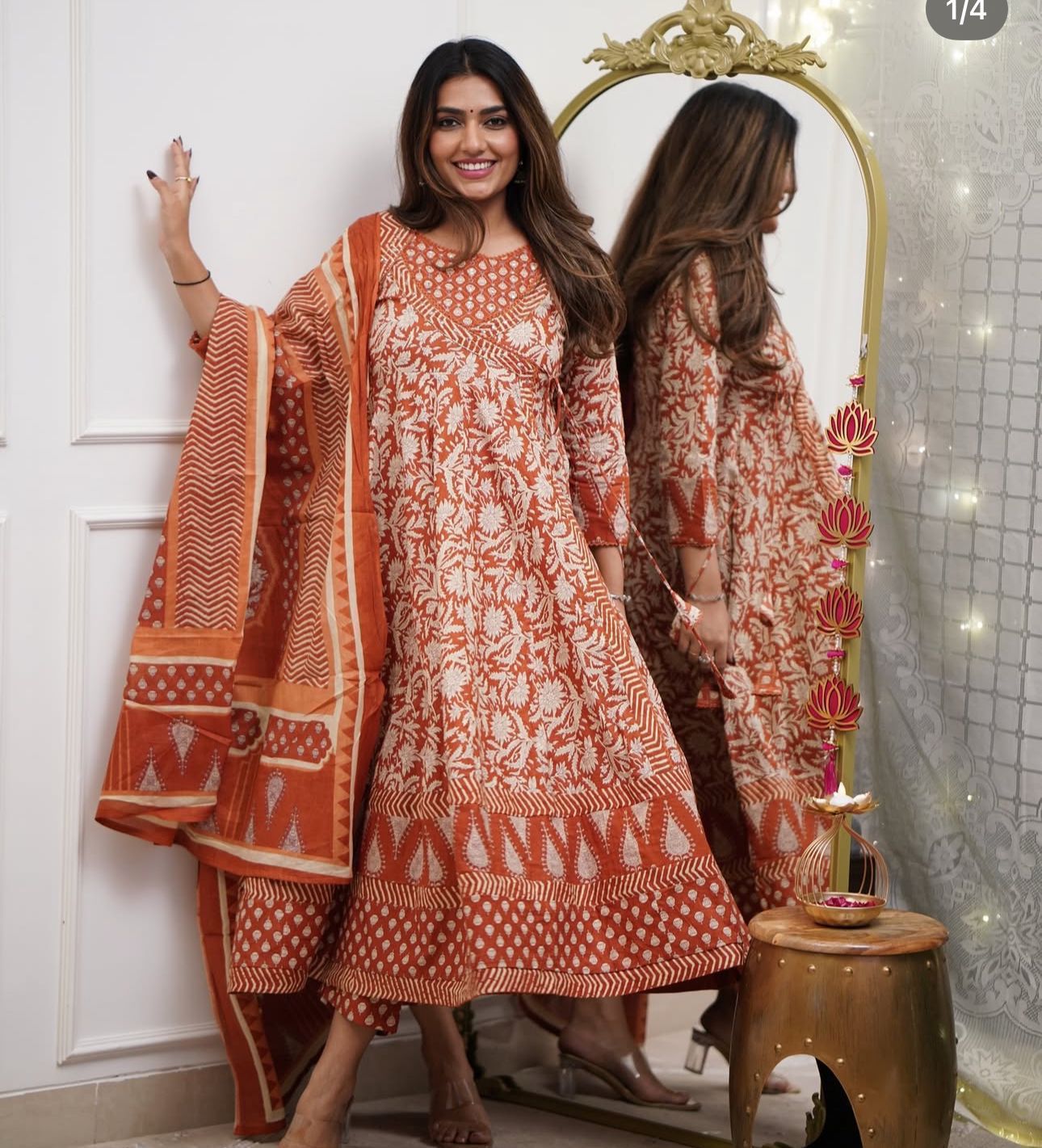 Cotton 3Pc Angrakha Anarkali Suit Set with Tagai & Kardhana Work