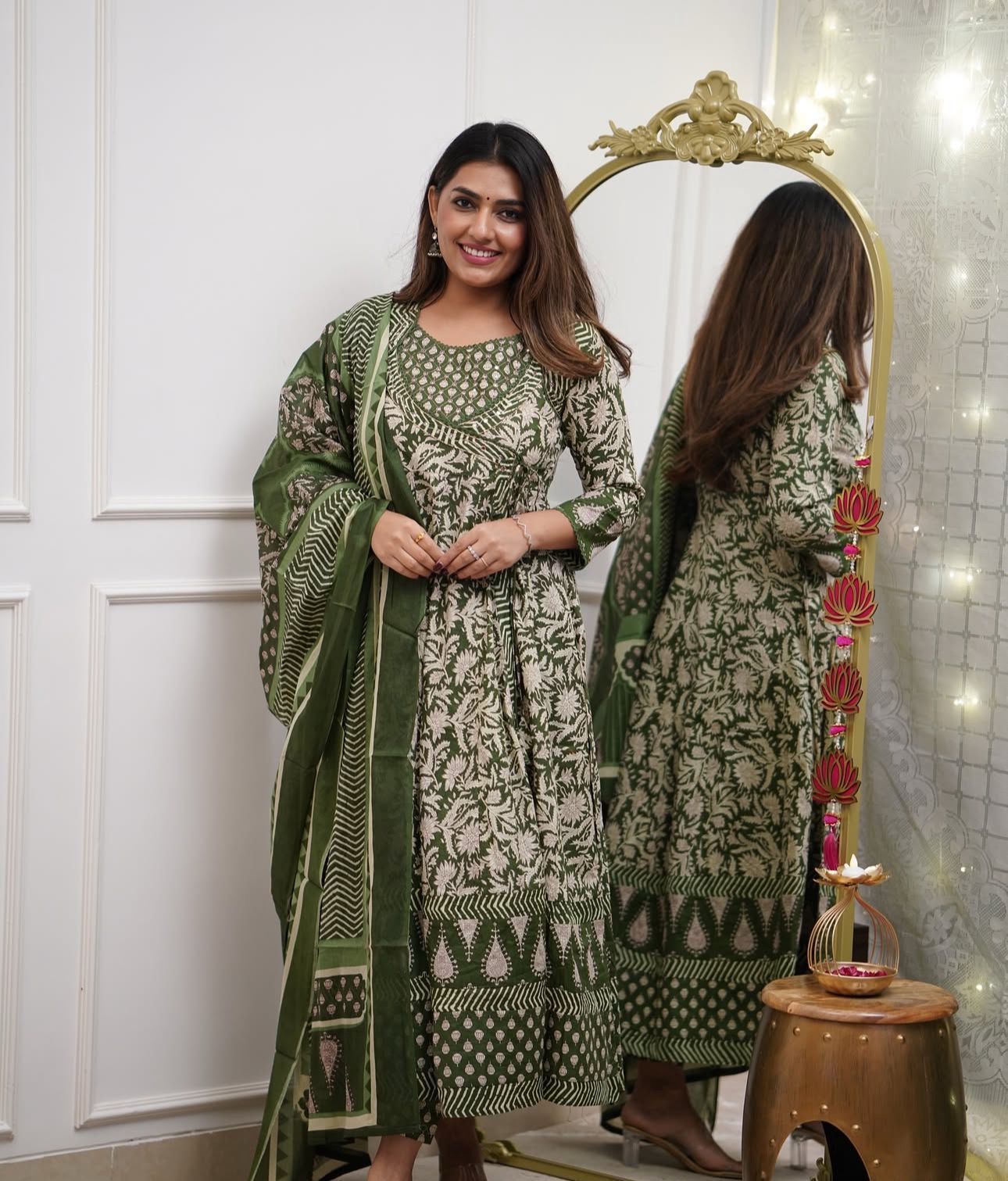 Cotton 3Pc Angrakha Anarkali Suit Set with Tagai & Kardhana Work
