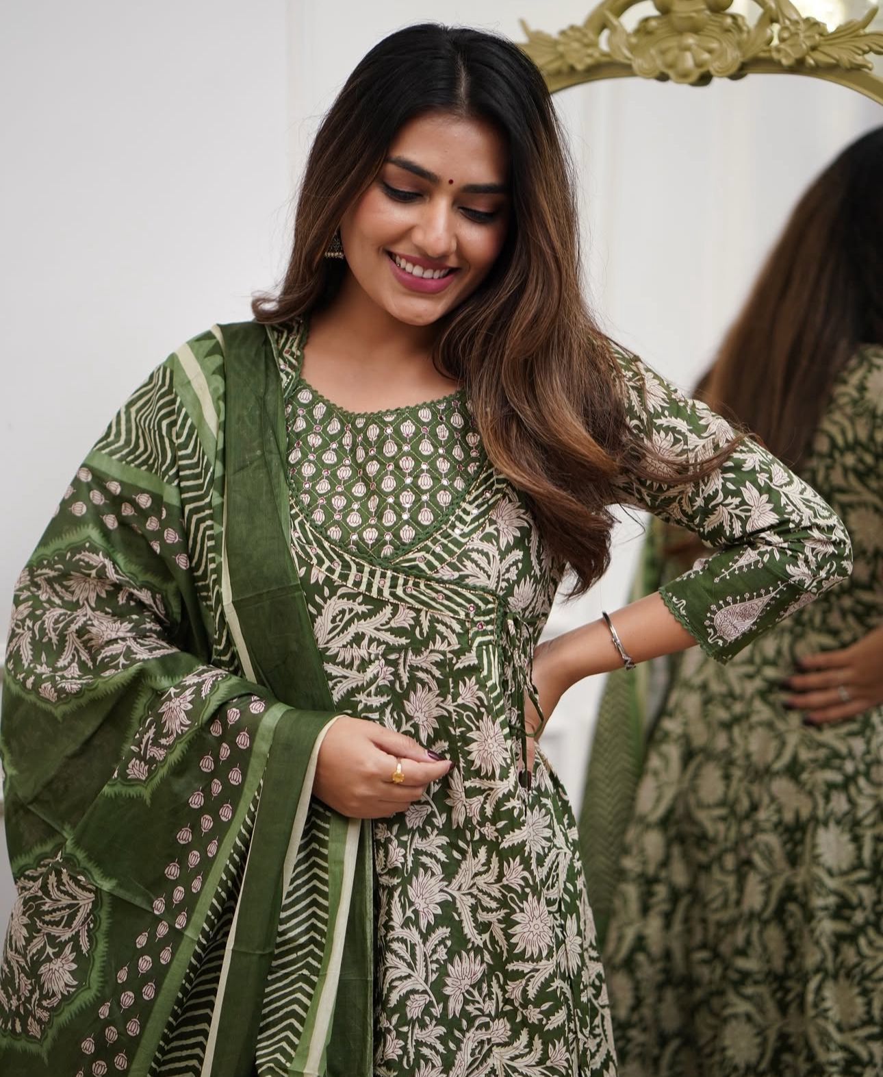 Cotton 3Pc Angrakha Anarkali Suit Set with Tagai & Kardhana Work