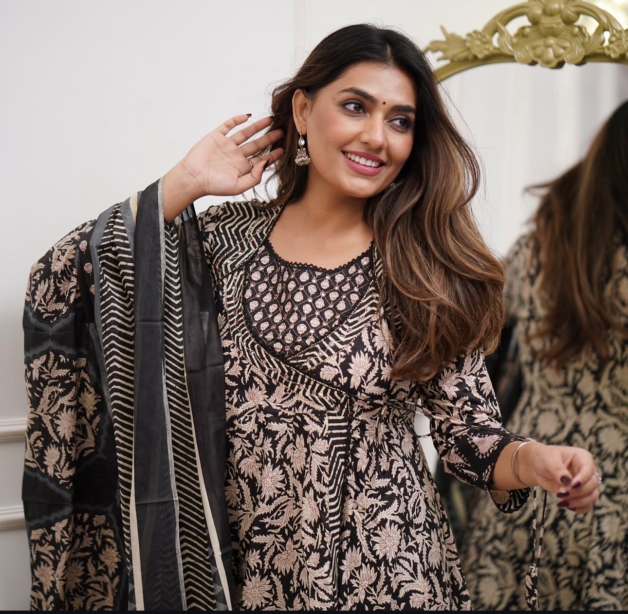Cotton 3Pc Angrakha Anarkali Suit Set with Tagai & Kardhana Work