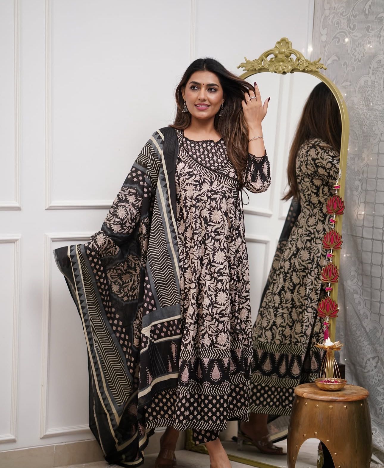 Cotton 3Pc Angrakha Anarkali Suit Set with Tagai & Kardhana Work