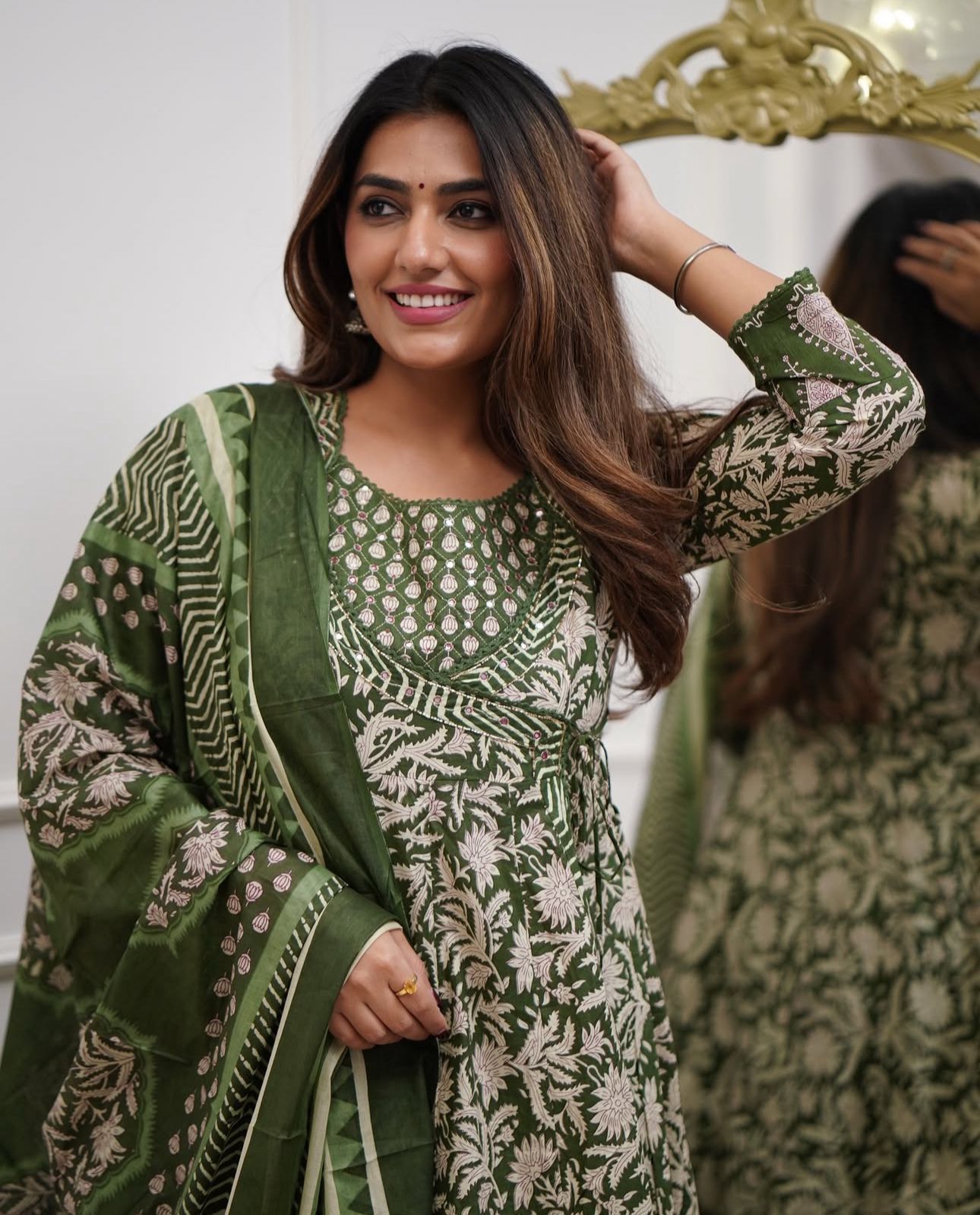 Cotton 3Pc Angrakha Anarkali Suit Set with Tagai & Kardhana Work