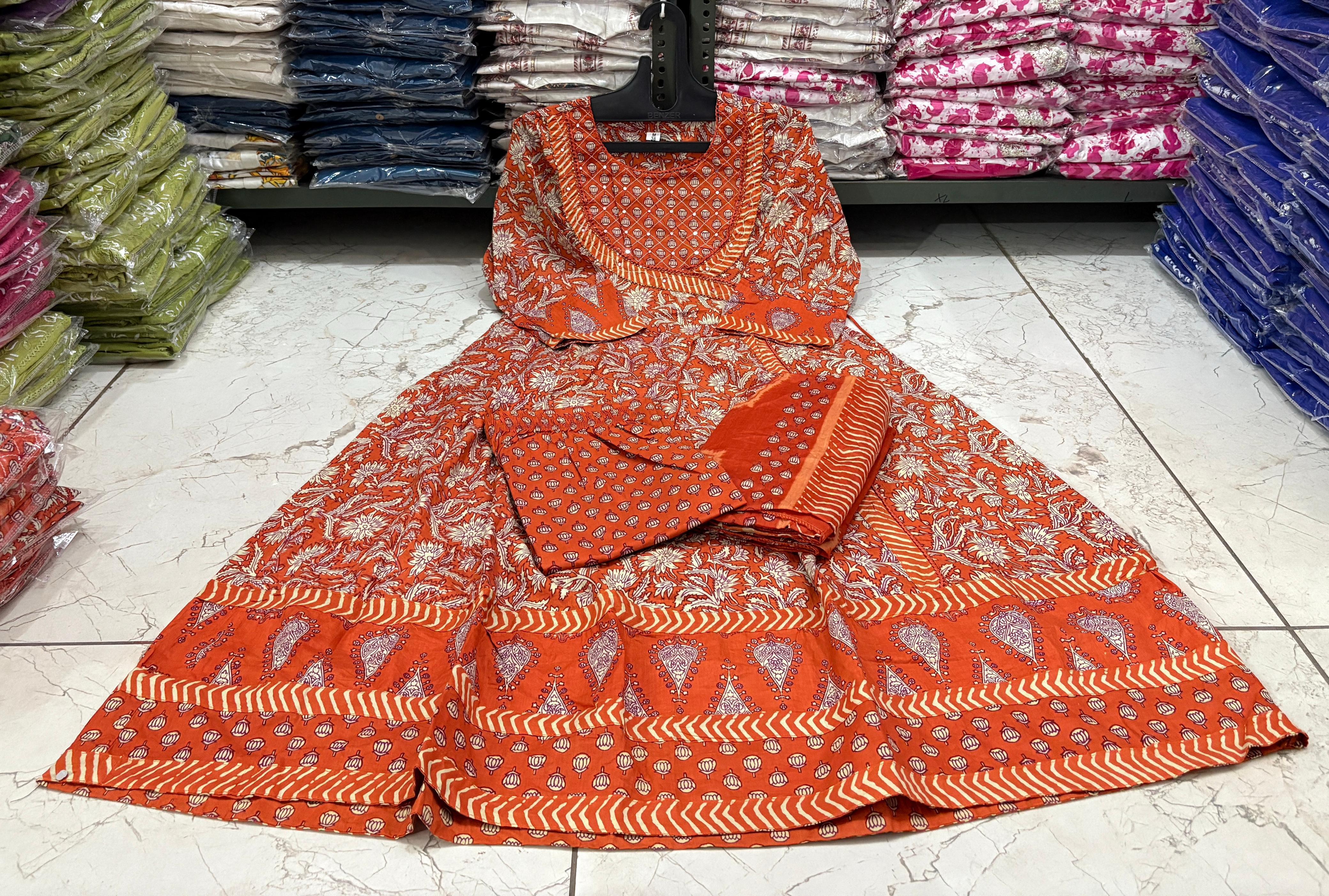 Cotton 3Pc Angrakha Anarkali Suit Set with Tagai & Kardhana Work