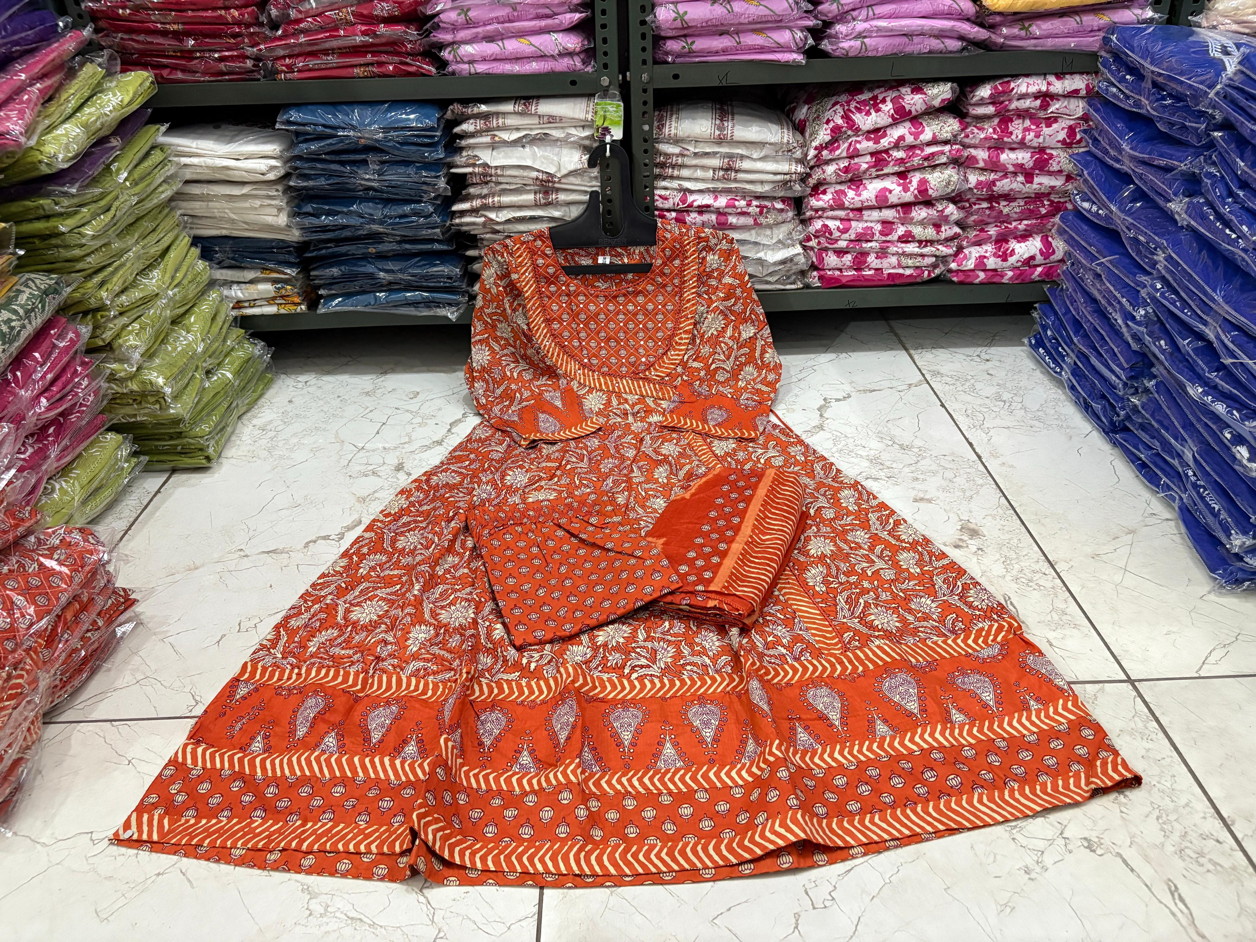 Cotton 3Pc Angrakha Anarkali Suit Set with Tagai & Kardhana Work