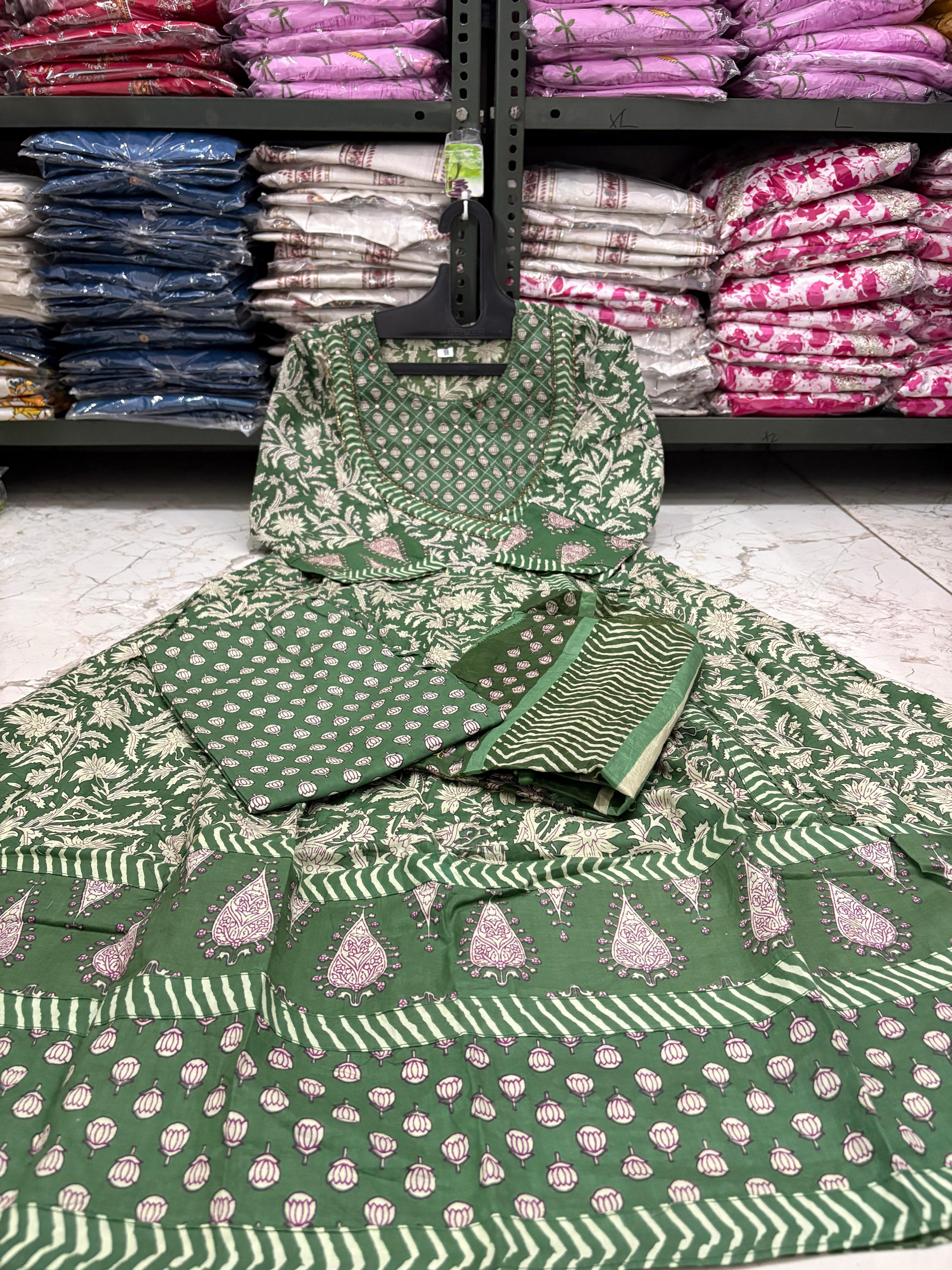 Cotton 3Pc Angrakha Anarkali Suit Set with Tagai & Kardhana Work