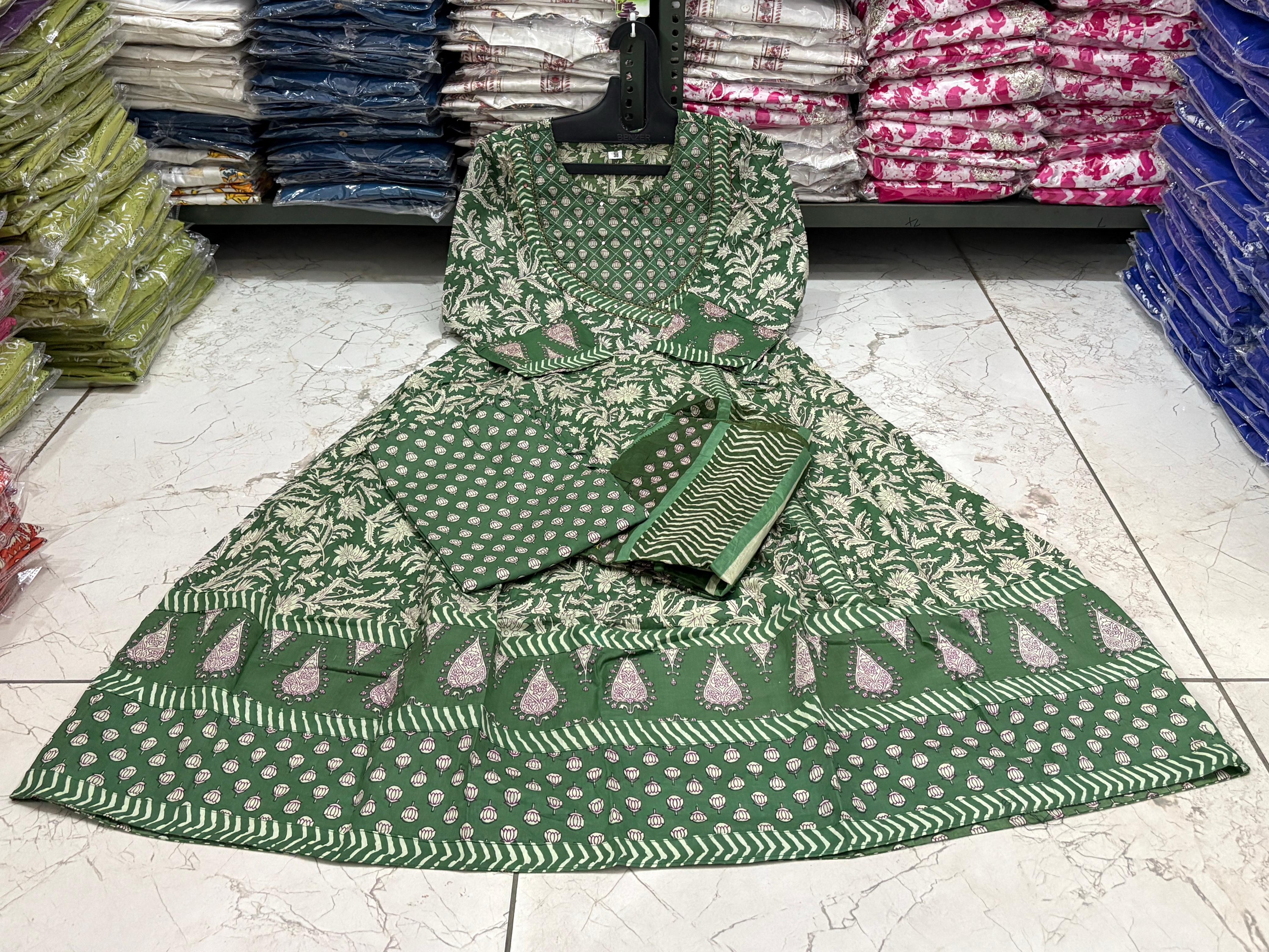 Cotton 3Pc Angrakha Anarkali Suit Set with Tagai & Kardhana Work