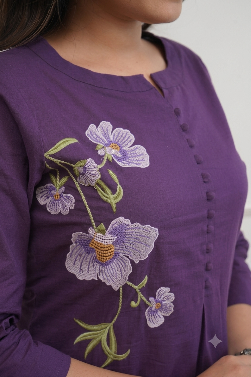 Purple Cotton 60x60 Embroidered Two-Piece Kurti Pant Set for Women