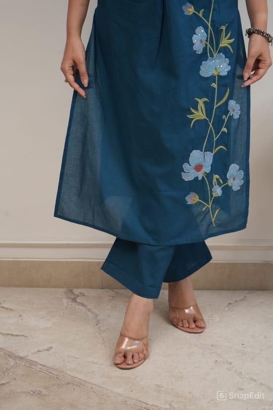Blue Cotton 60/60 Embroidered Two Piece Kurti Pant Set for Women
