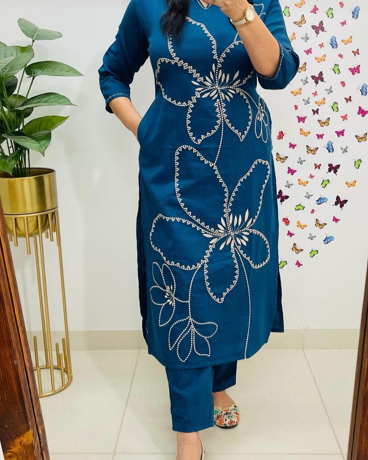 Cotton 60/60 Embroidery Work Kurti with Pant | Fully Stitched Set