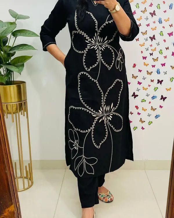 Cotton 60/60 Embroidery Work Kurti with Pant | Fully Stitched Set