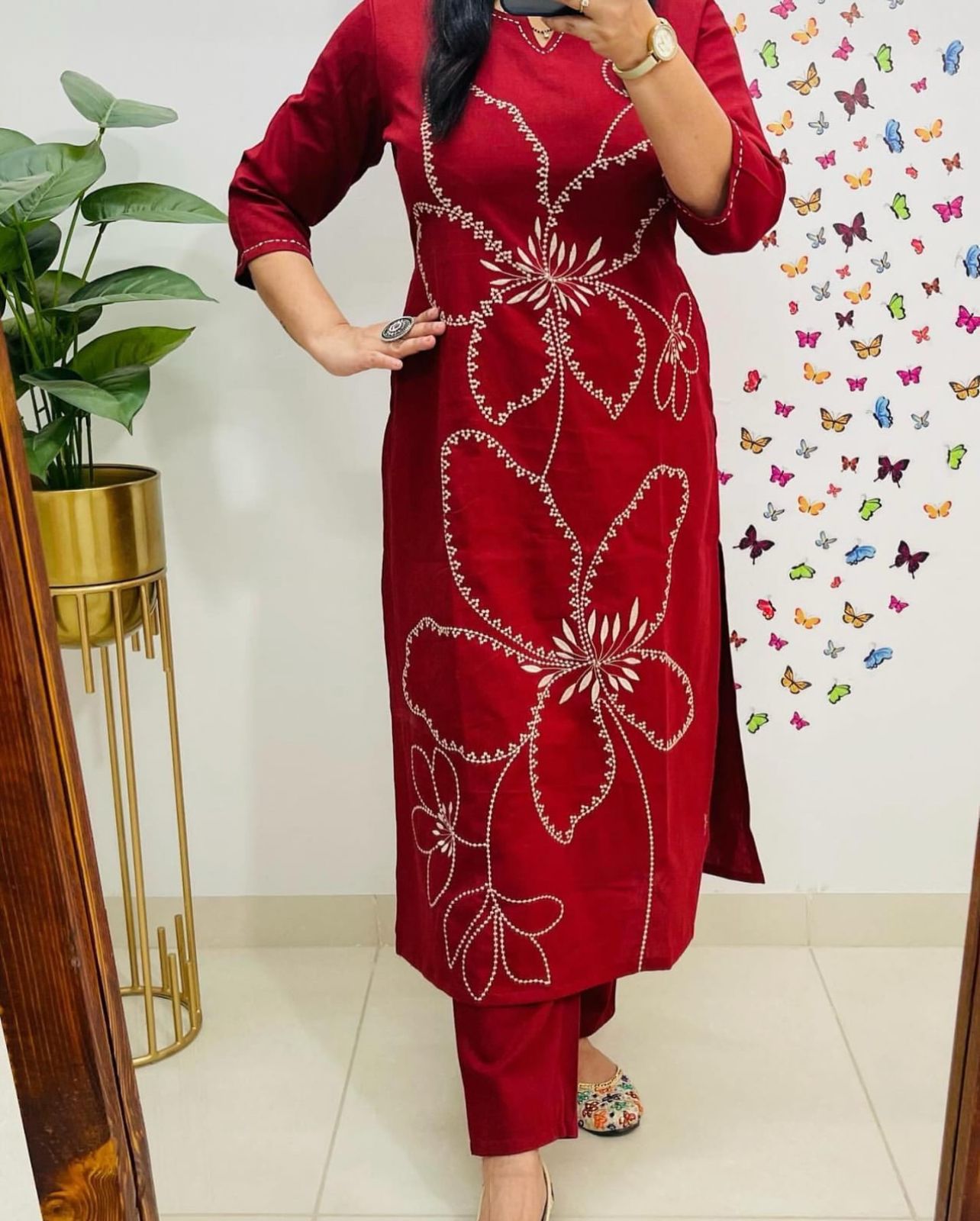 Cotton 60/60 Embroidery Work Kurti with Pant | Fully Stitched Set