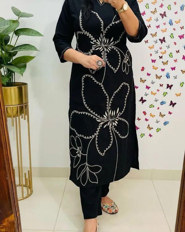Cotton 60/60 Embroidery Work Kurti with Pant | Fully Stitched Set