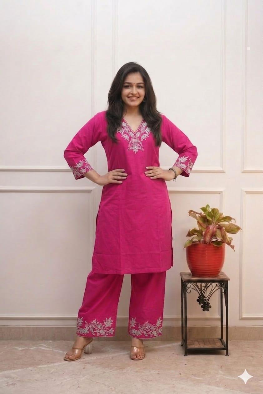 Cotton 60/60 Zari Work Kurta Pant Set