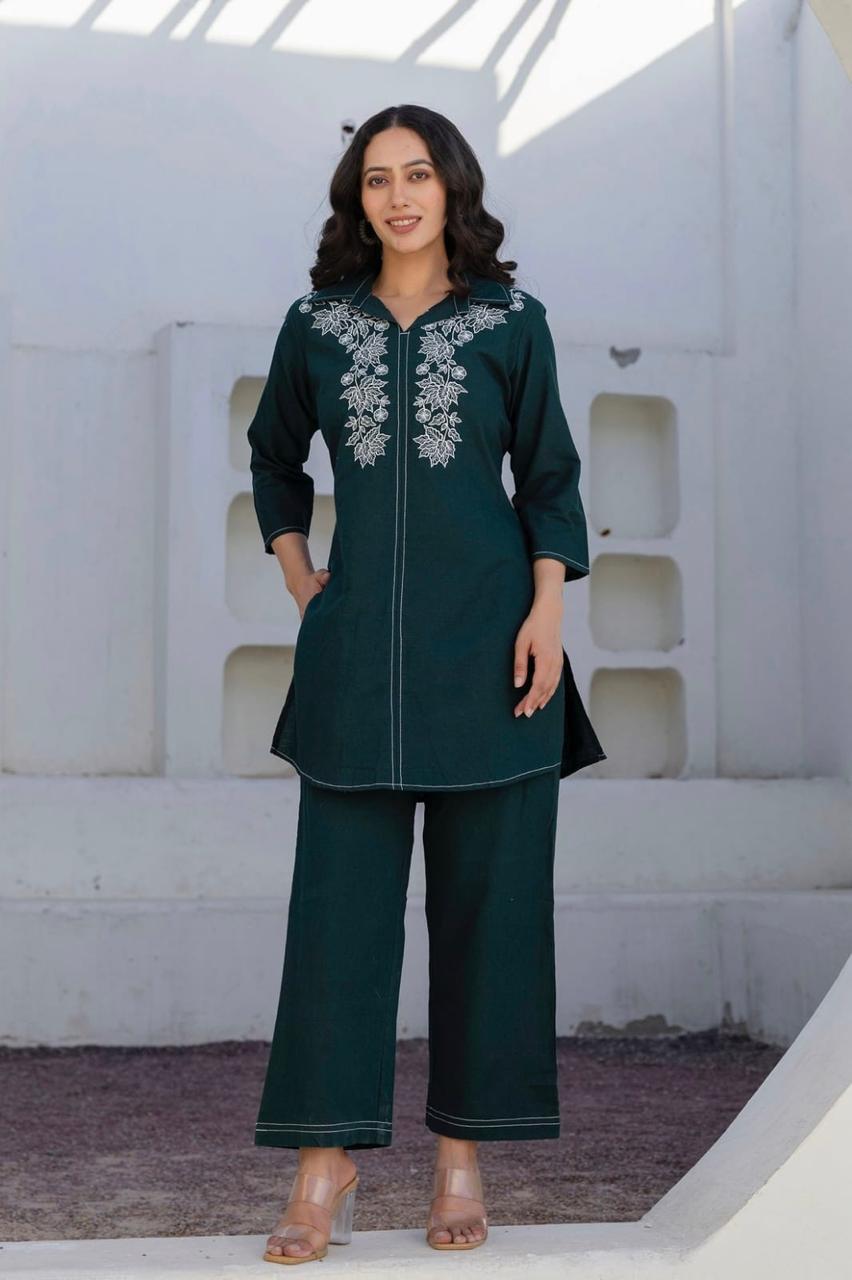 Cotton 60x60 Embroidered Co-Ord Set with Pant Pocket