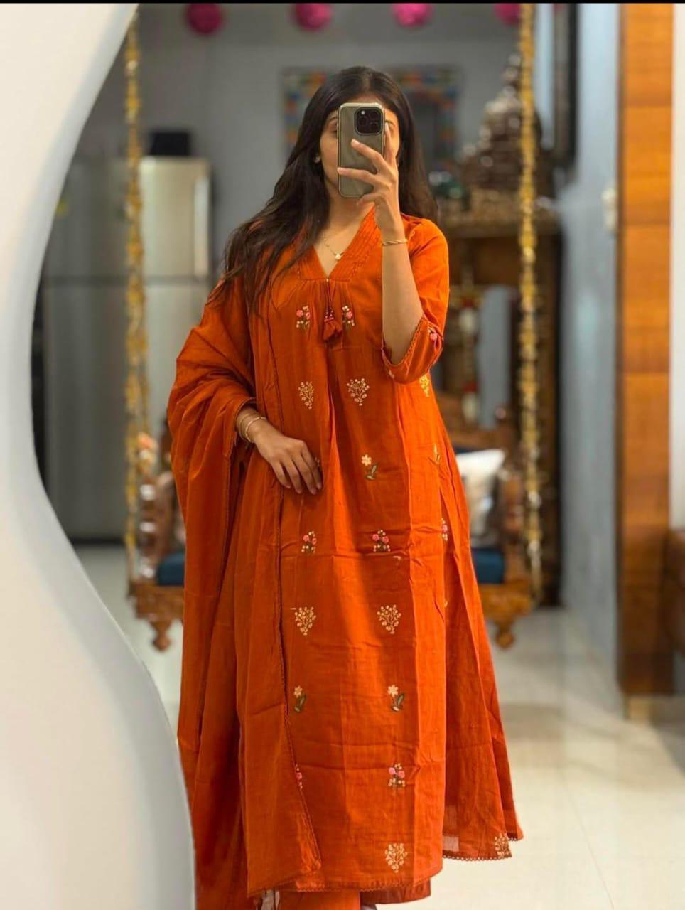 Cotton 60x60 Embroidered Kurti Pant with Dupatta Set