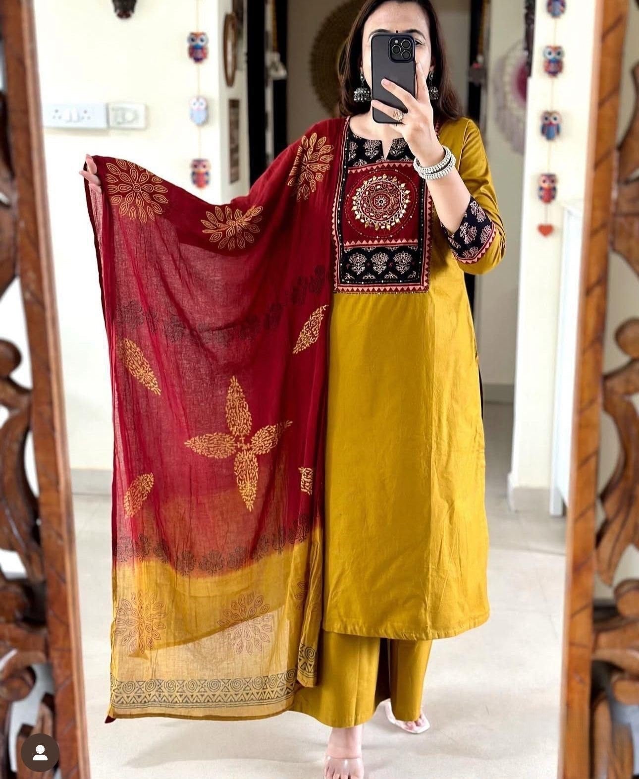 Cotton 60x60 Embroidered Kurti Set with Pant & Tie-Dye Mal Mal Dupatta