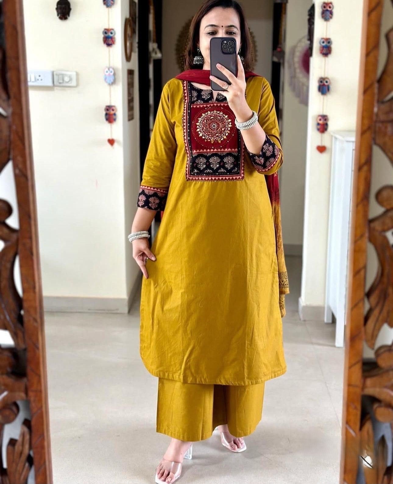 Cotton 60x60 Embroidered Kurti Set with Pant & Tie-Dye Mal Mal Dupatta