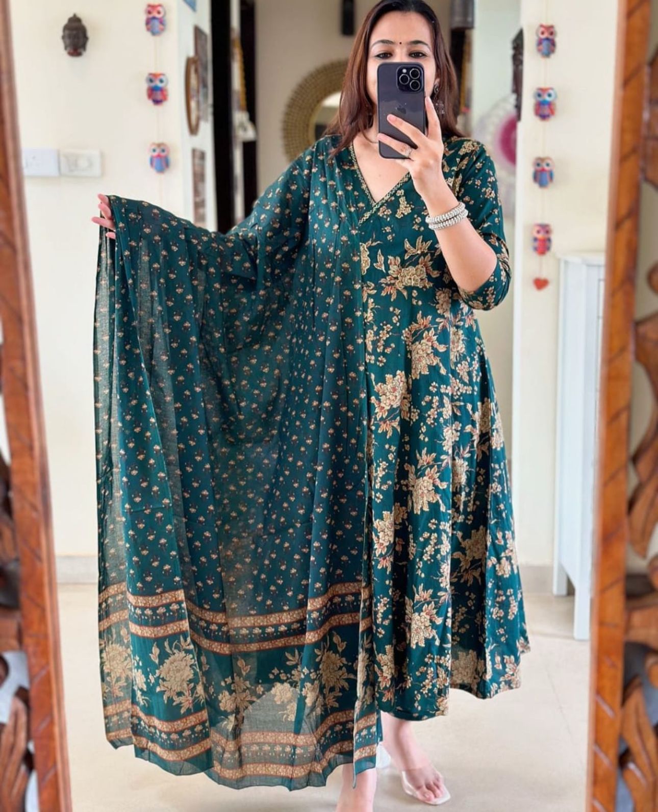 Cotton 60x60 Procin Print Angrakha Anarkali Kurti Set with Pant & Malmal Dupatta – Cotton Suit for Women