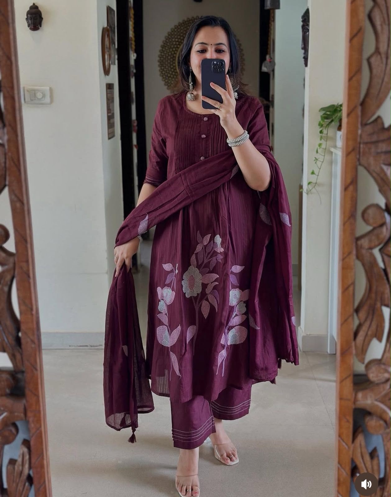 Cotton A-Line Kurta Pant Dupatta Set with Cross-Stitch Embroidery Work