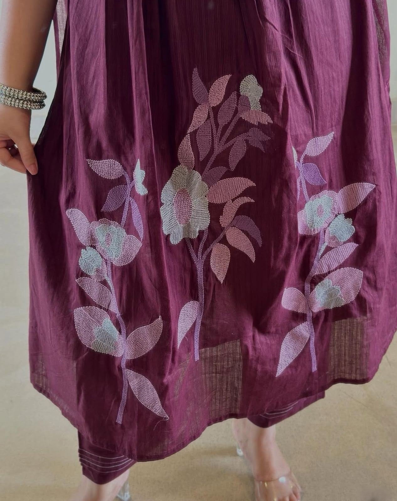 Cotton A-Line Kurta Pant Dupatta Set with Cross-Stitch Embroidery Work