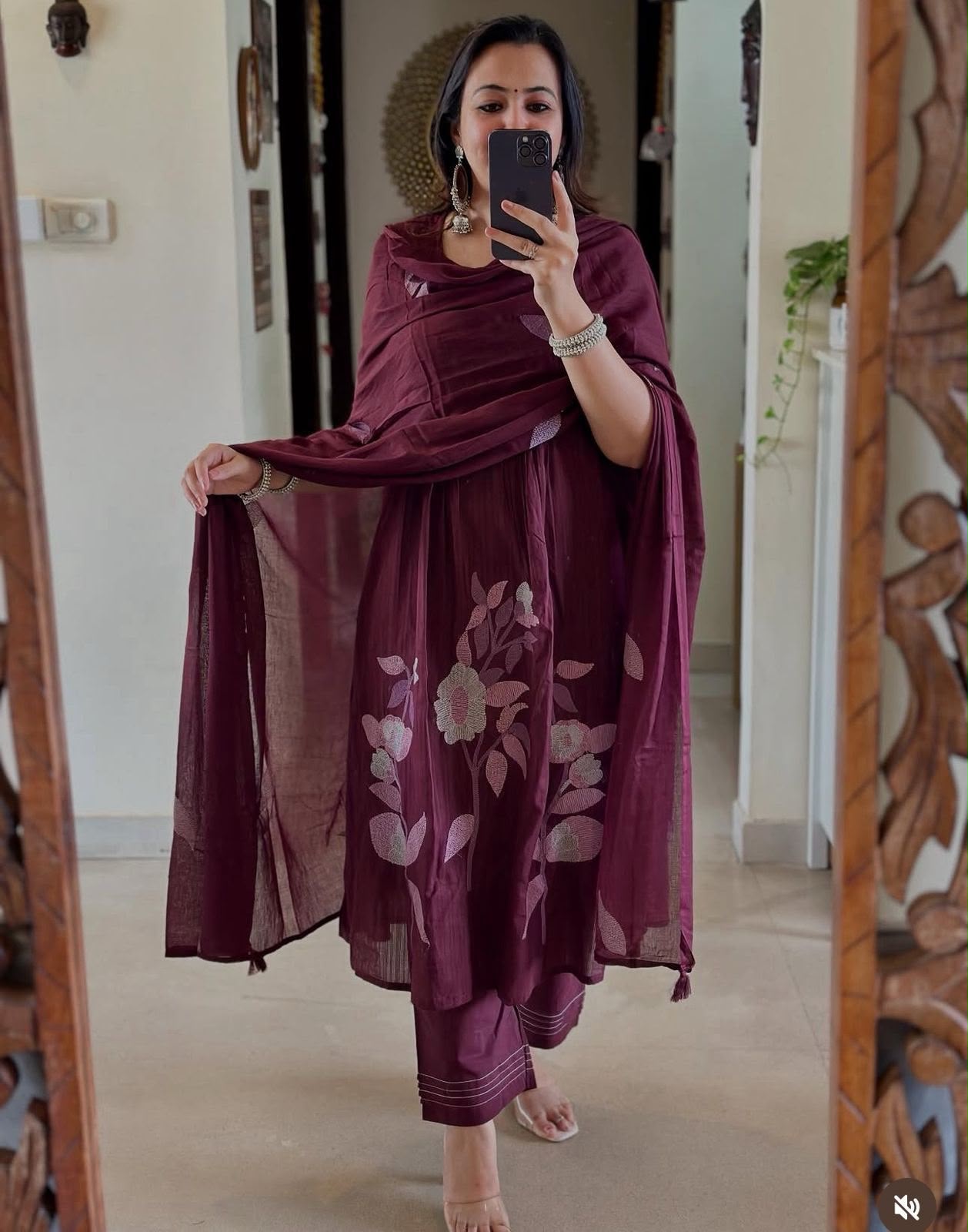 Cotton A-Line Kurta Pant Dupatta Set with Cross-Stitch Embroidery Work