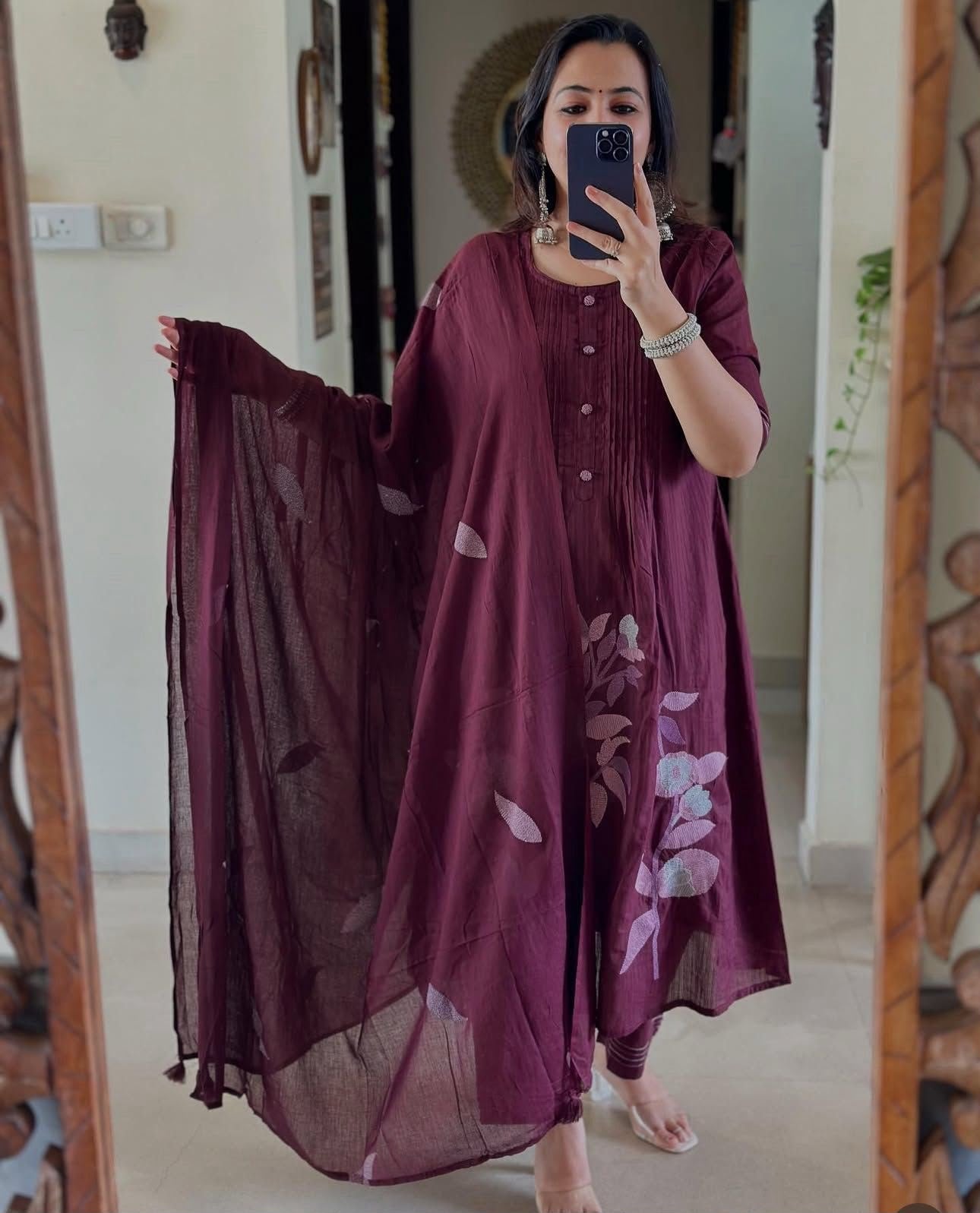 Cotton A-Line Kurta Pant Dupatta Set with Cross-Stitch Embroidery Work