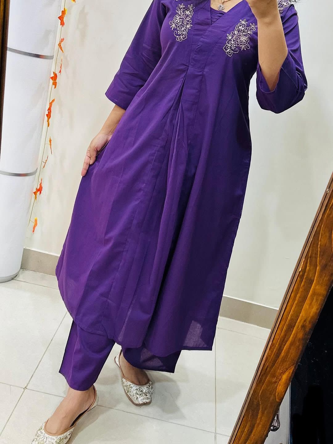 Cotton A-Line Kurti Palazzo Co-ord Set with Moti & Aari Work